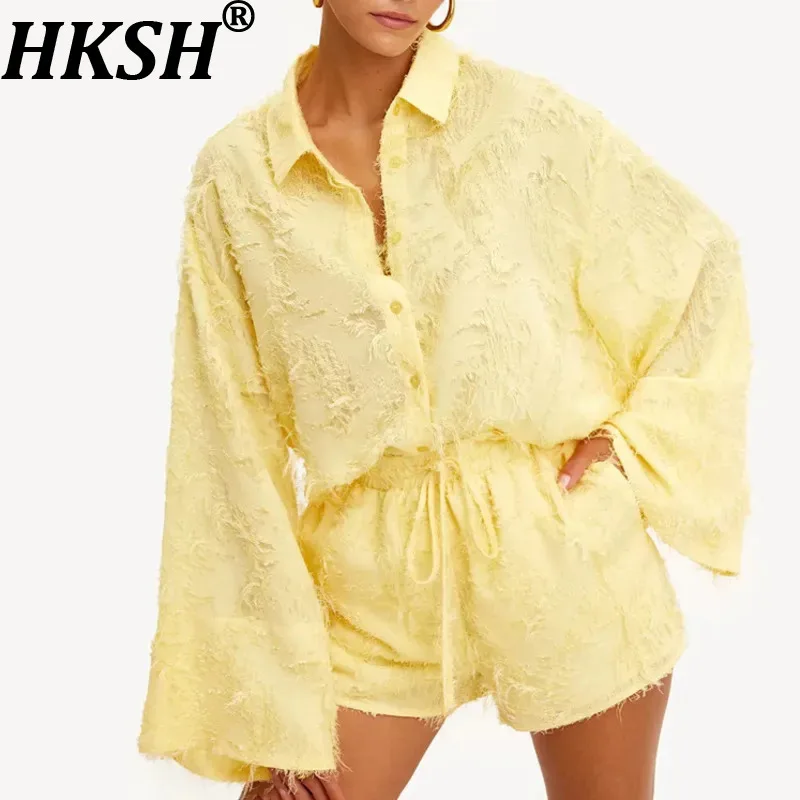 

HKSH Women Casual Set Jacquard Turn-Down Collar Long Sleeves Single Breasted Chic Shirt Drawstring Elastic Waisted Shorts HK8664