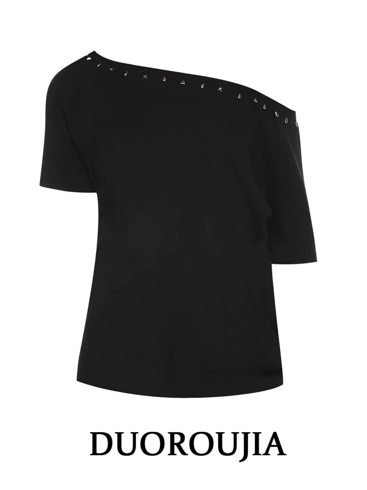 

plus Size American Retro Diagonal Shoulder Short Sleeve T-Shirt Women Summer Loose Splicing Bare Shoulder Top Rivet Decoration