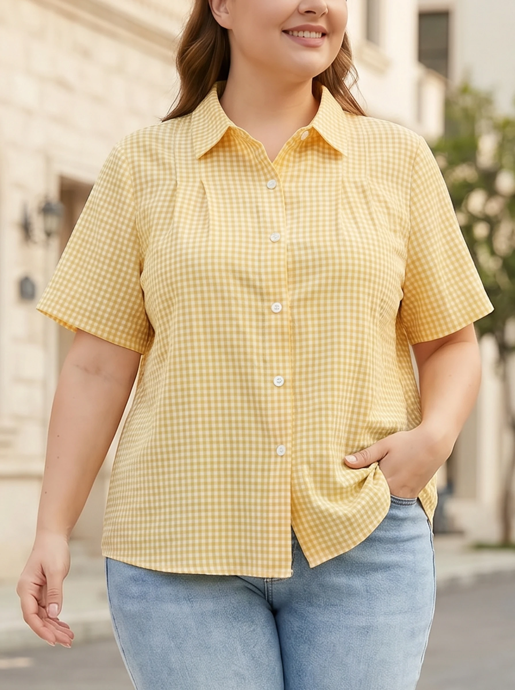Gadinus Camisa con botones de tela vichy para mujer, talla grande, blusa informal de manga corta con cuello vuelto