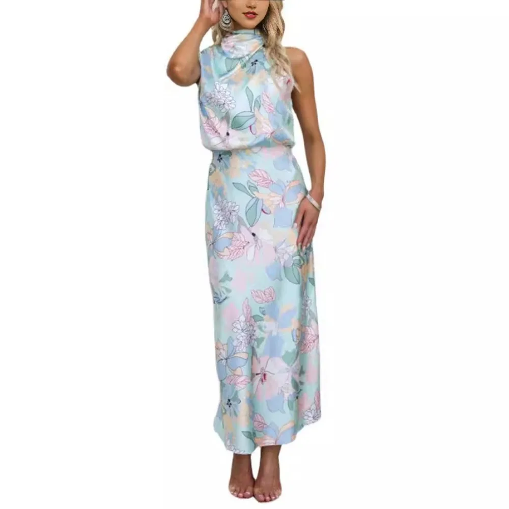 Light Mature Temperament Women\'s Sleeveless Strapless Printed Satin Dress Long Dress  Dress for Women  Vintage Dress