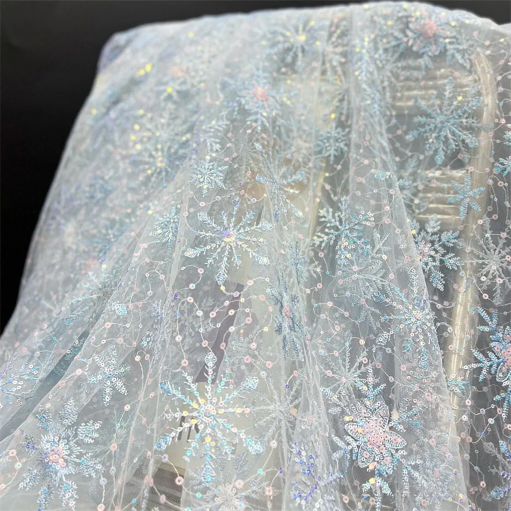 2 Yds 130cm Wide New Arrival Blue Pink Embroidered Sequin Bridal Fabric Snowflake Sequin Material for Dresses & Stage Costumes
