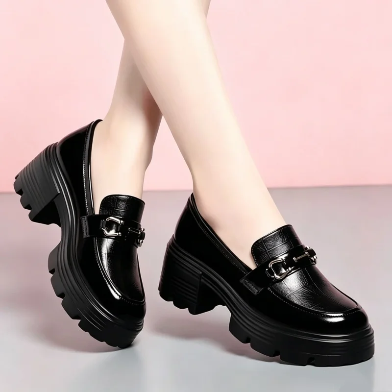 Vintage British Style Soft Leather Loafers Thick Bottom Platform Shoes 2024 Fall Med Block Heels Shoes Black for Office Mom