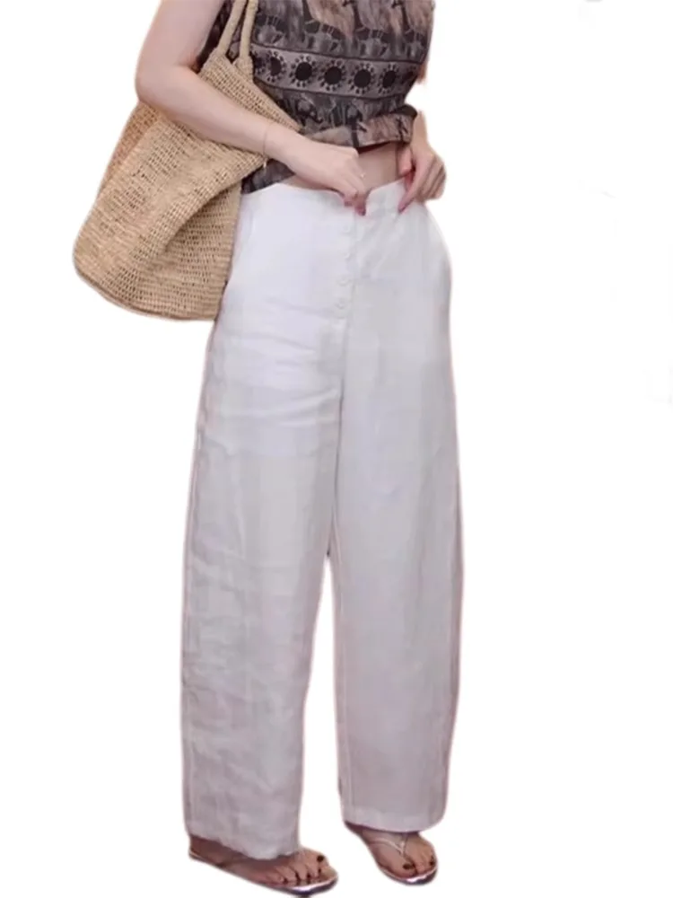 ハイウエストワイドレッグパンツ レディース 夏 プラスサイズ 綿麻 九分丈 フロア丈 カジュアルパンツ 通勤スタイル