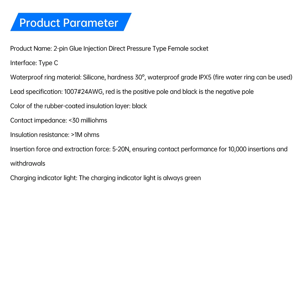 2-Pin USB Typ-C 5A Eingangs-Ladebuchse mit LED-Lichtplatte, wasserdichter USB-C Stromanschluss, 24AWG Anschlusskabel, weiblicher Stecker – Detail 11