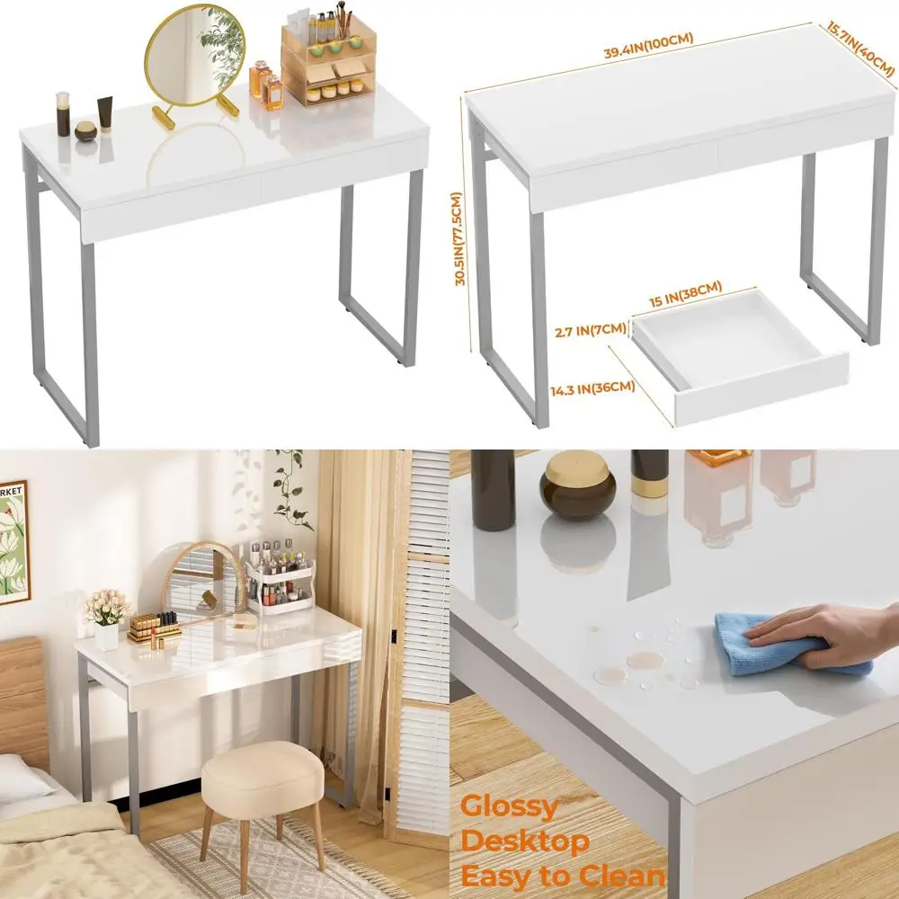 مكتب زينة GreenForest باللون الأبيض اللامع بدرجين لغرفة النوم والمكياج، مكتب منزلي مدمج ومساحة تخزين