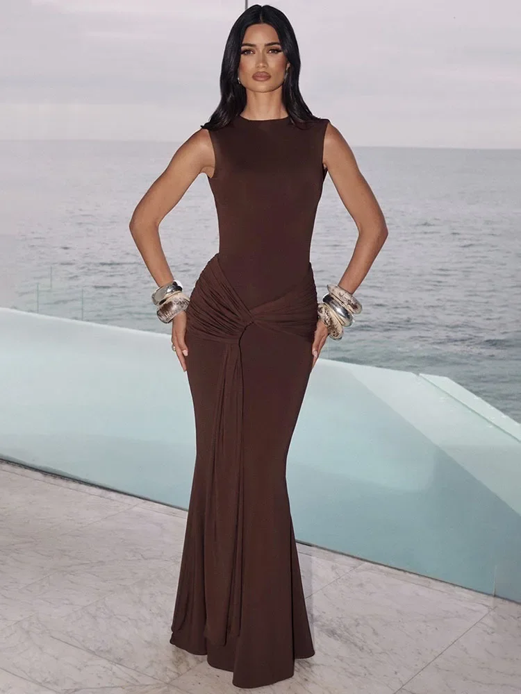 فستان ماكسي مثير بدون ظهر ثنيات مكشكشة فستان نسائي أنيق بياقة دائرية بدون أكمام بخصر عالٍ فساتين طويلة للحفلات والنوادي