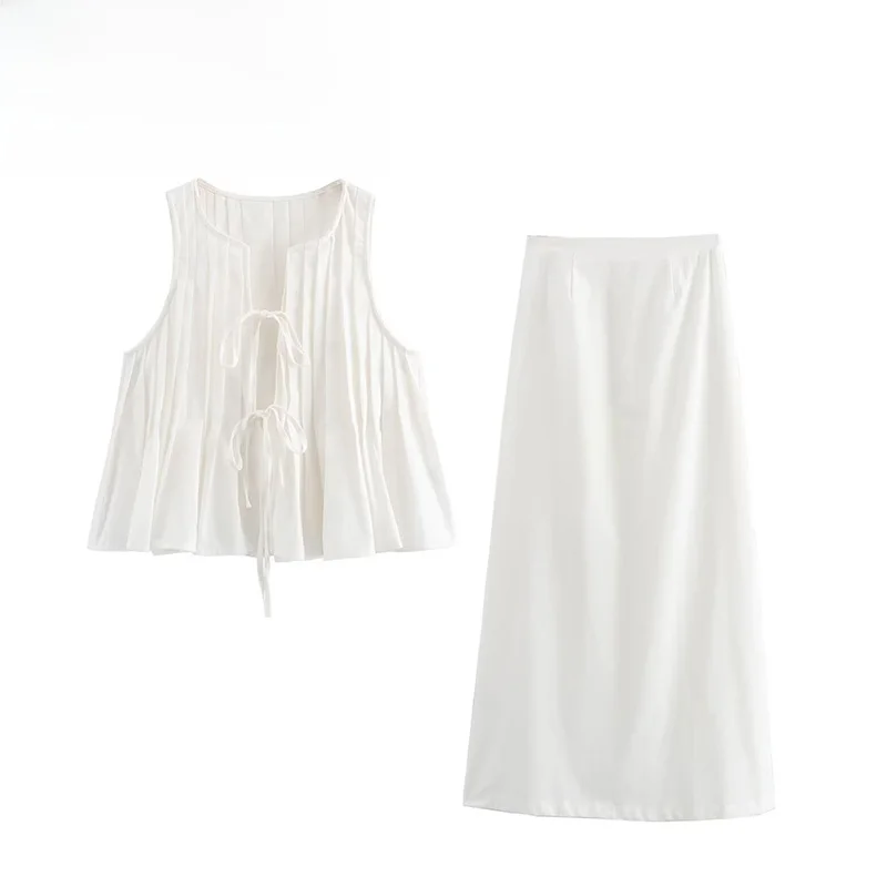 

ZBZA Spring New Women's Faion Design Cotton Pleated irt f Skirt Set Long Pants round Ne Overhead Casual Wear
