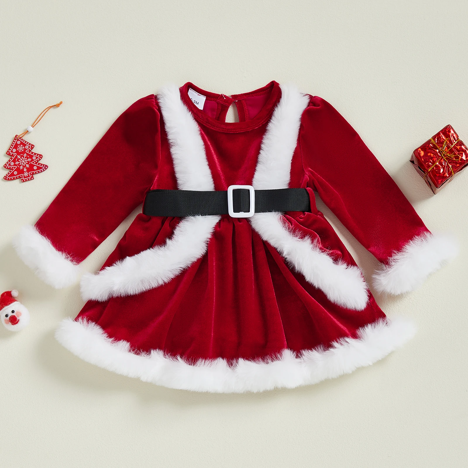Baby Girl Christmas Romper Dress Fashionable Round Neck Long Sleeve Fur Trim Velvet Velvet Jumpsuits Costume