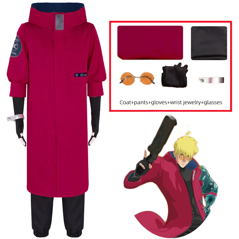 

Костюм для косплея Vash The Stampede из аниме «тригун», мужской красный Тренч, брюки, перчатки, одежда для вечеринки, Хэллоуин