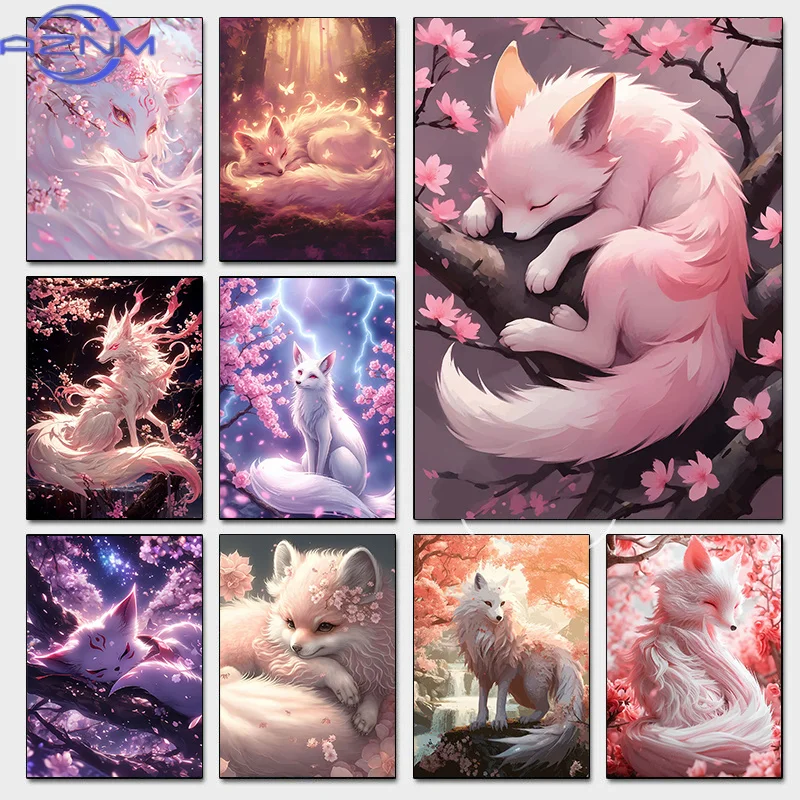 Pósteres de Fantasía Mística de Sakura y Zorro de Nueve Colas, Impresiones Suaves de Anime Japonés, Cuadros en Lienzo para Decoración de Paredes de Hogar y Habitaciones
