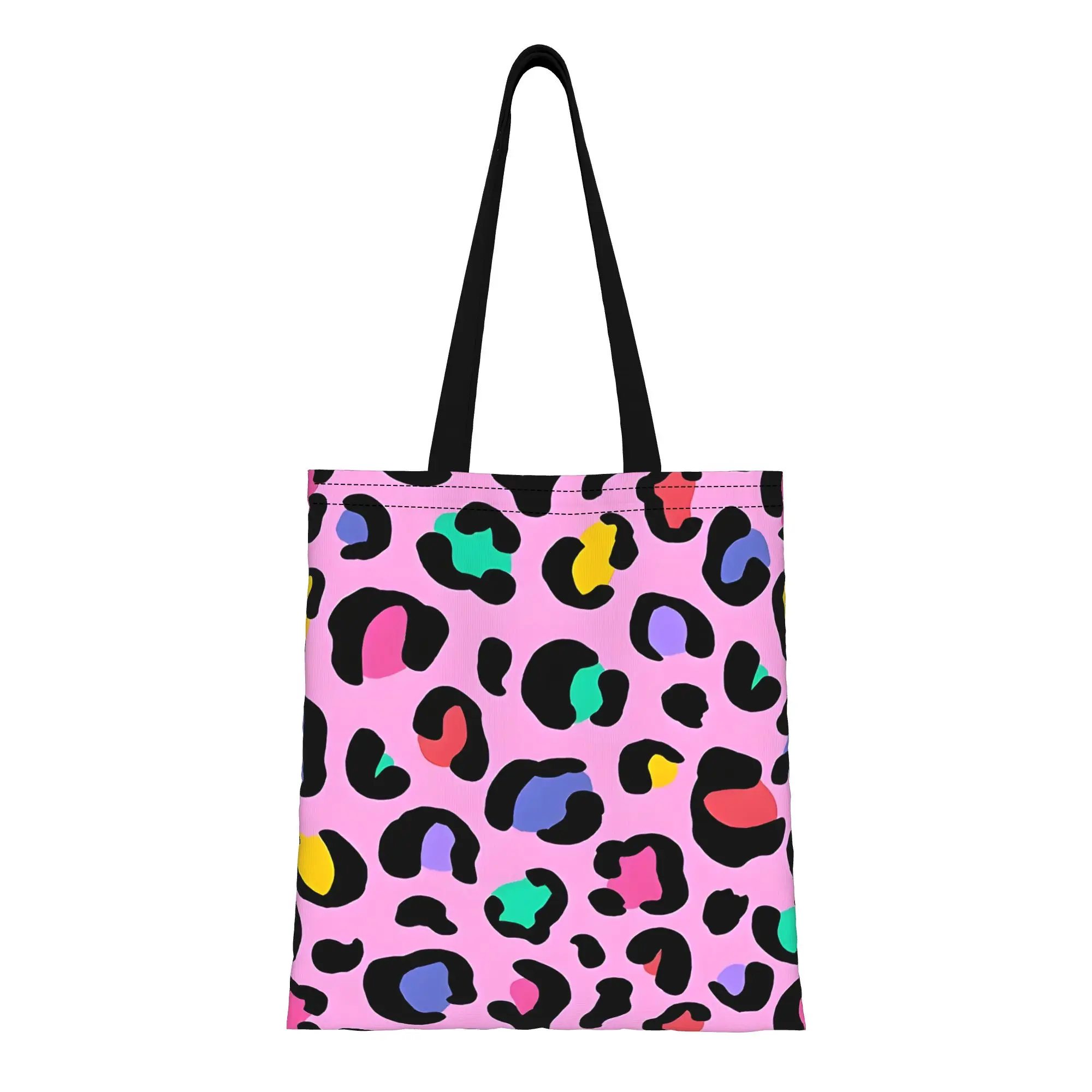 

Розовая холщовая сумка-тоут с радужным леопардовым принтом, идеальная для путешествий, женская сумка с верхней ручкой