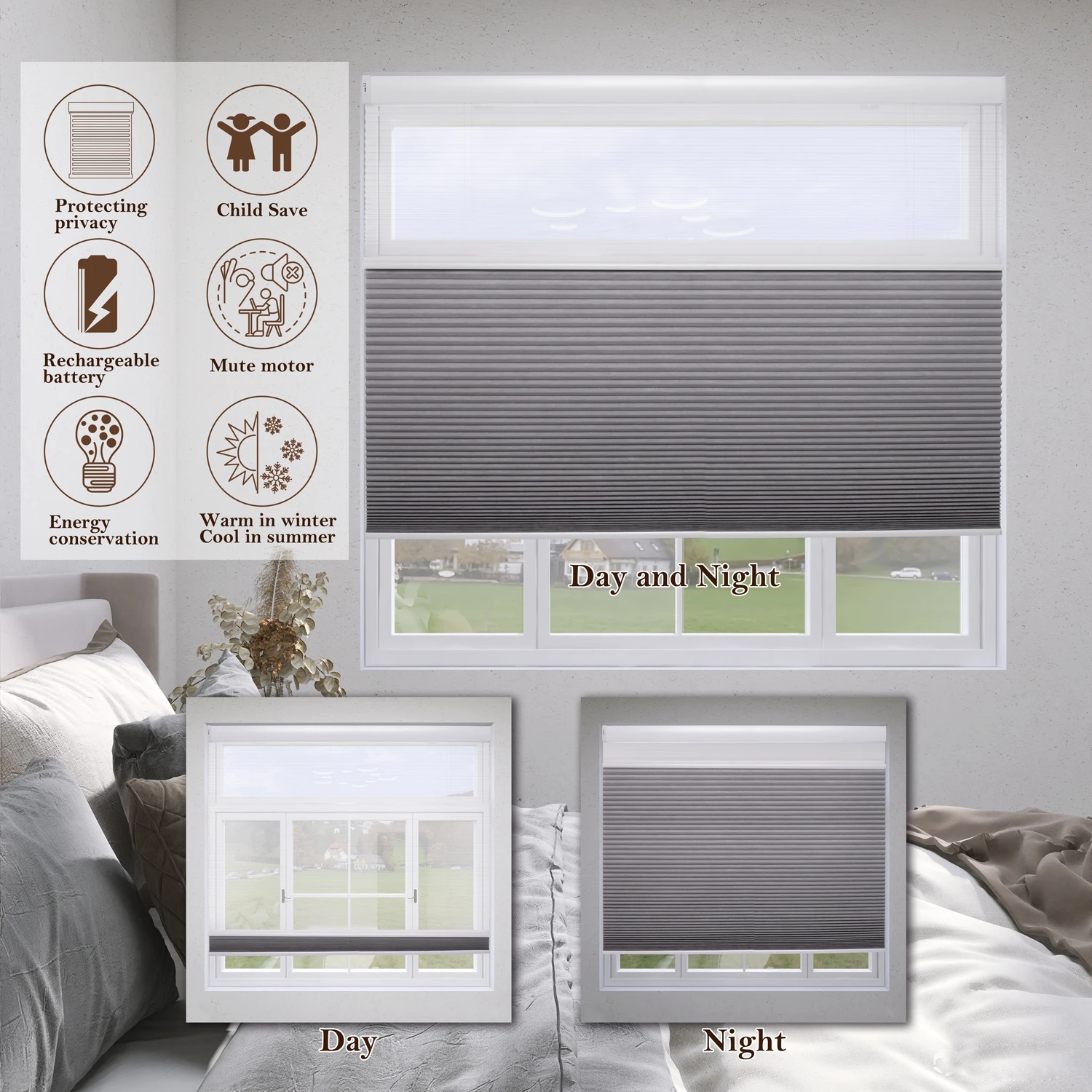 ZSHINE Motorized Day and Night Honeycomb Blinds Smart Control Customized Size Cellular Shades for Windows