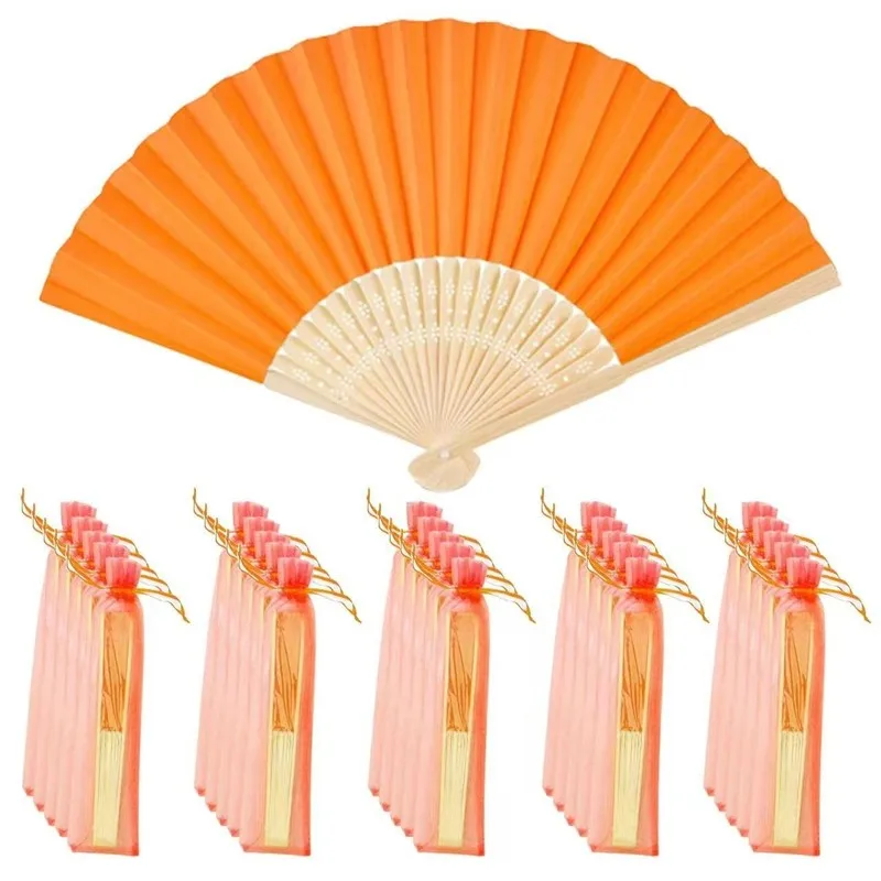 Bamboo Folding Paper Hand Fan with Organza Drawstring Bag, Plain Solid Surface Fan, Elegant Bridal Dance Prop, Guest Souvenir