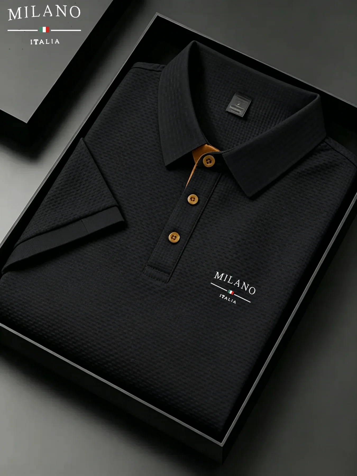 Mens Milano Italia Letter Jacquard Polo Shirt Breathable Quick Dry Fabric Casual Business Outdoor Daily Short Sleeve Top