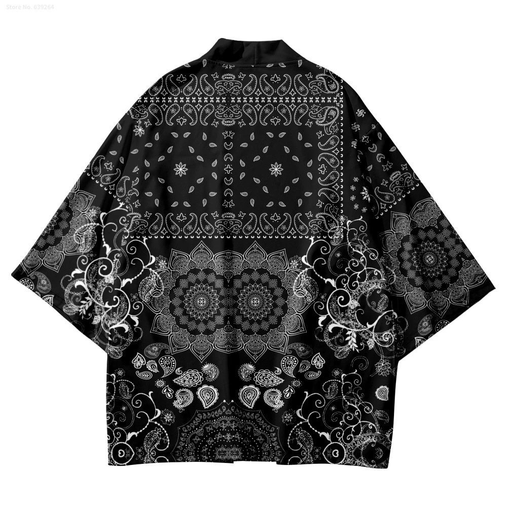 Black Traditional Cashew Flowers Print Kimono 2022 New Arrival Streetwear Men Cardigan Haori Japanese Style Clothes Summer Tops