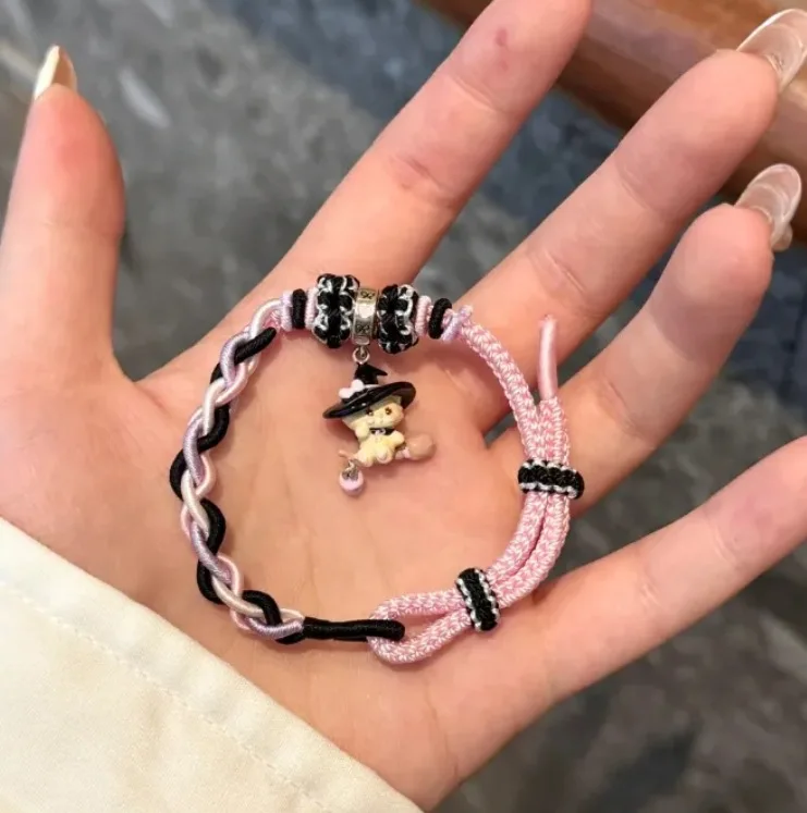 Japan and South Korea Style Pink Hand Woven Rope Witch Cat Necklace UNISEX A Birthday Gift Bracelet for A Friend