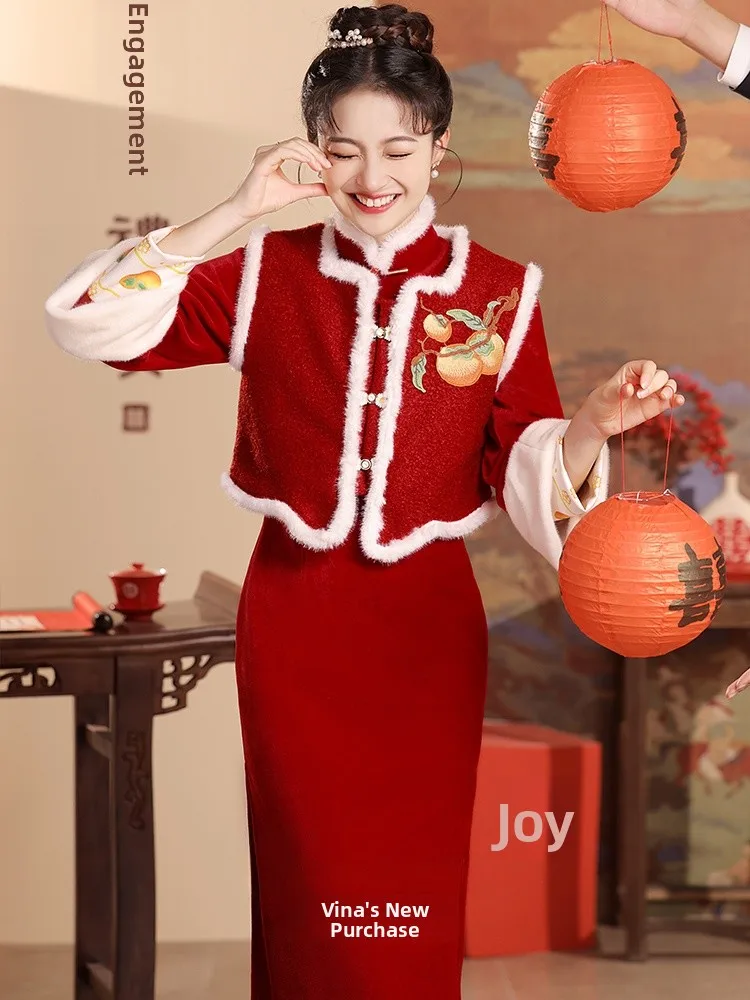 

Red Wedding Dr Suit New Chinese Sle Bride Advanced Woolen Material Engagement Ceremony Drinking Ceremony Women's Faion