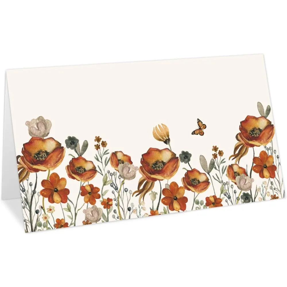 

100Pcs Fall Floral Place Cards 2 x 3.5 Inch Vintage Autumn Wildflower Tented Cards Blank Seat Assignment Card for Party