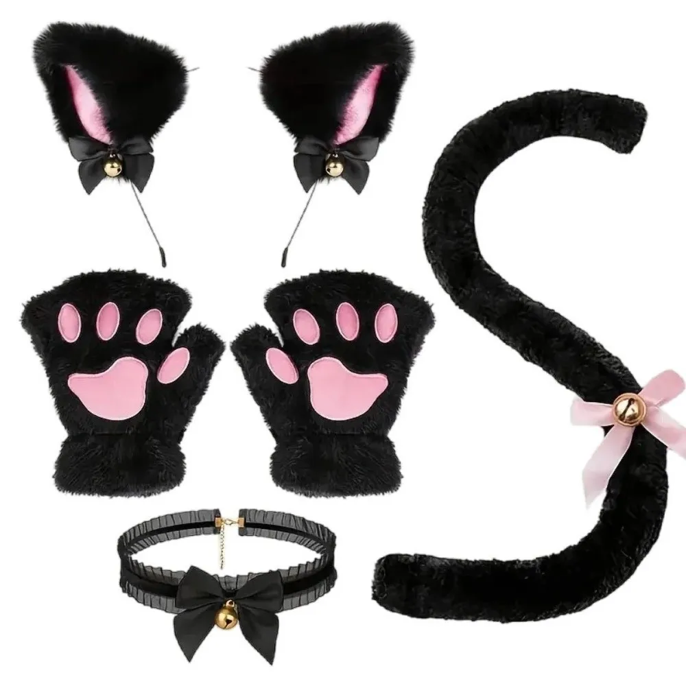 Set di fasce per orecchie di gatto donna gatto Set di fasce per orecchie di gatto Lolita Bow Copricapo cosplay Guanti per zampa di gatto Accessori per esposizione anime Halloween Dress Up Women