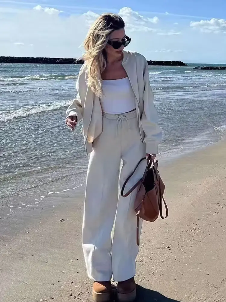 HH 2024 Conjuntos de pantalones informales para mujer, chaqueta Bomber de manga larga con cremallera + pantalones holgados de cintura alta con cordón, traje de moda urbana