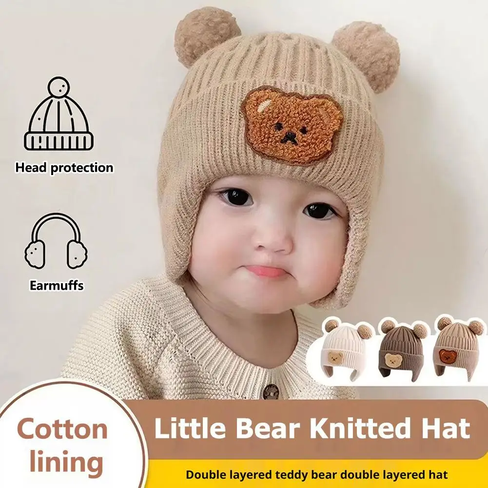 

Детская зимняя шапка с медвежьими ушками, милая утолщенная теплая вязаная шапка в корейском стиле для малышей, детская шапка с защитой ушей