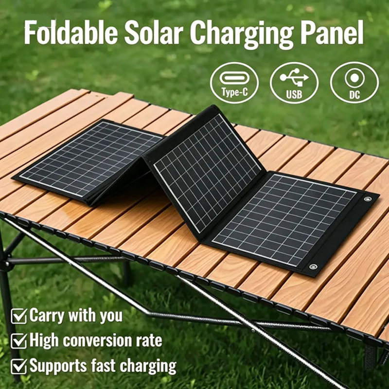 40W Foldable Solar Panel Monocrystalline Silicon Portable Solar Charger with USB, Type-C, DC Output for Outdoor Camping Hiking Travel Fishing Emergency Power Supply for Phone Power Bank Tablet Fan – High Conversion Rate Fast Charging Foldable Solar Pad