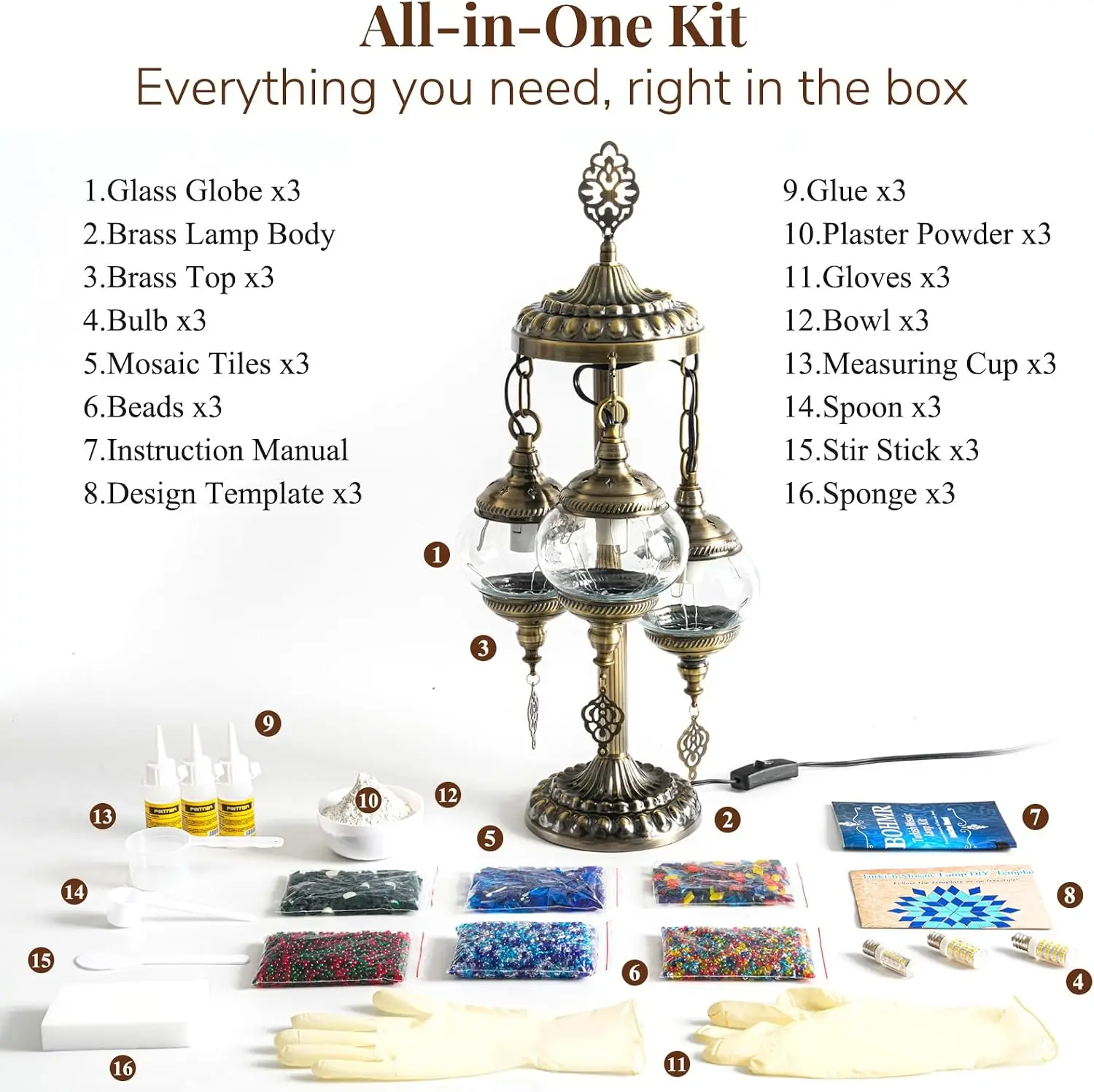 DIY 3 Globe Turkish Mosaic Lamp Kit, 23"H Stained Glass Table Lamp Making Kit-Easy & Fun, No Experience Needed, Mosaic Art & Craft Project Kits for Adults & Teens, Make Your Own Lamp,Multicolor view 6
