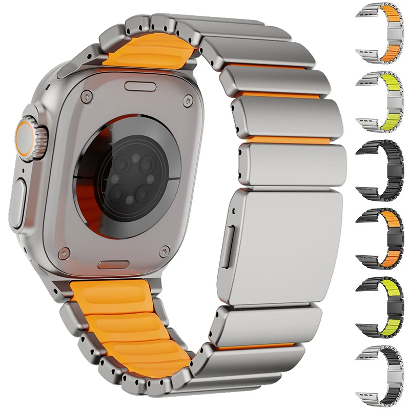 Titanium Fluoroelastomer Rubber Strap for Apple Watch Ultra 3 2 49mm Magnetic Band for Iwatch 10 11 46mm 9 8 7 45mm 6 SE 3 44mm
