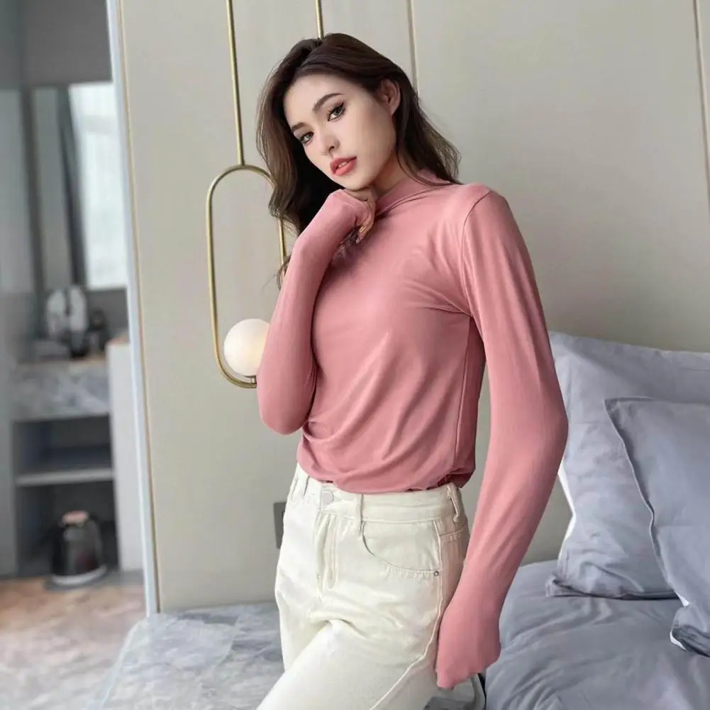 Women Base Top Solid Color Slim Fit Half High Collar Pullover Soft Keep Warm Neck One Size Winter Blouse