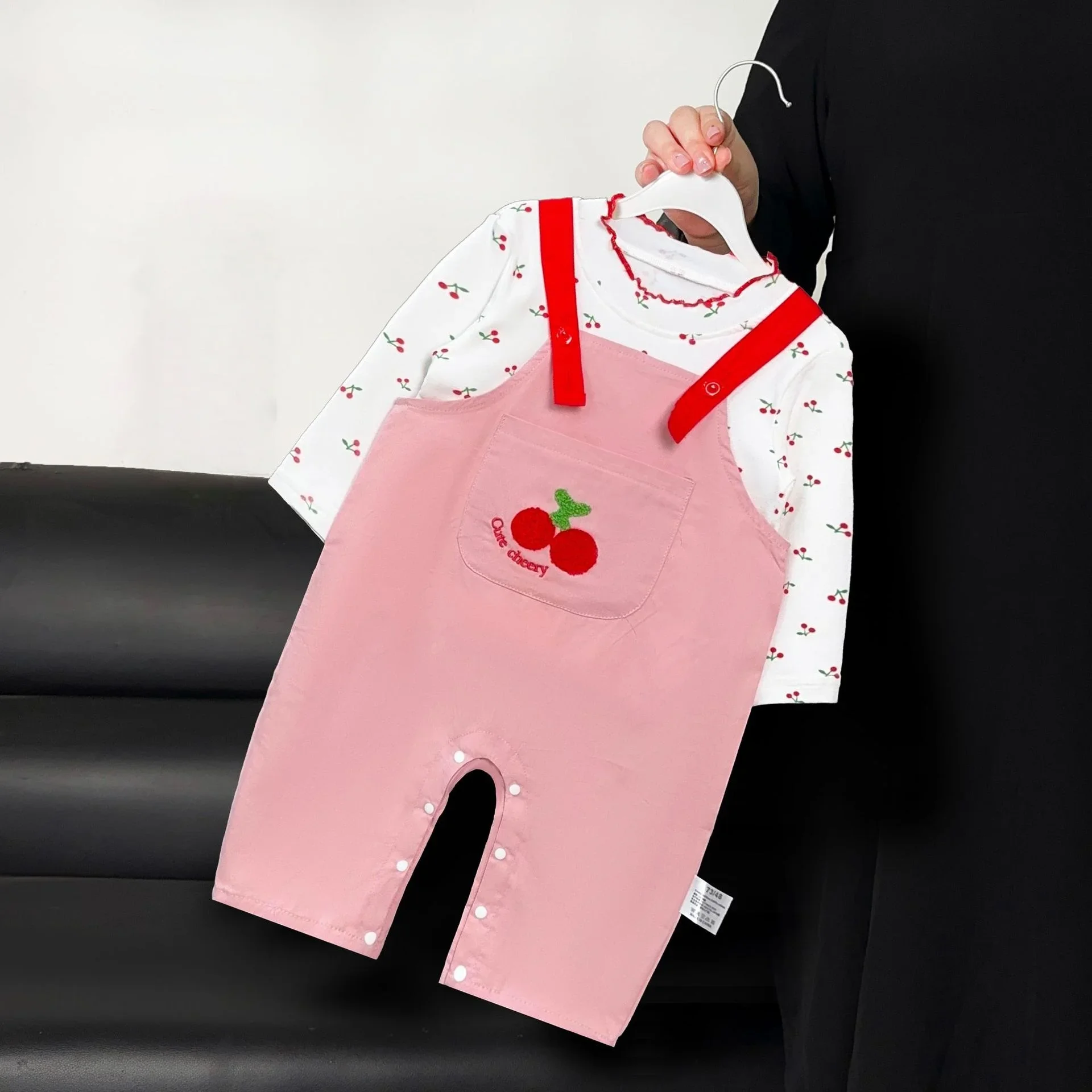 

Vintage Cherry Baby Girl Set 2-Piece Autumn Overalls & Long Sleeve Top Soft Cotton 0-3Y Baby Girl Clothing