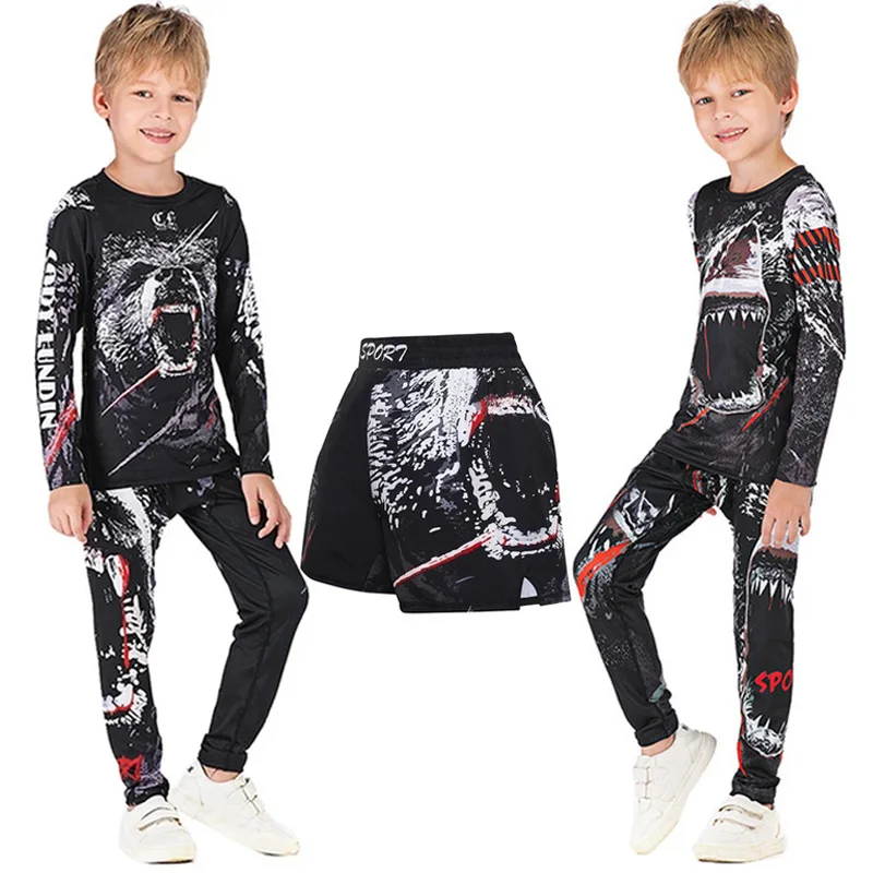 BJJ GI Kids MMA Rashguard T-shirt +Pants Set Jiu Jusit Tights Muay Thai Shorts Rash Guard For Children MMA Compression Sportsuit