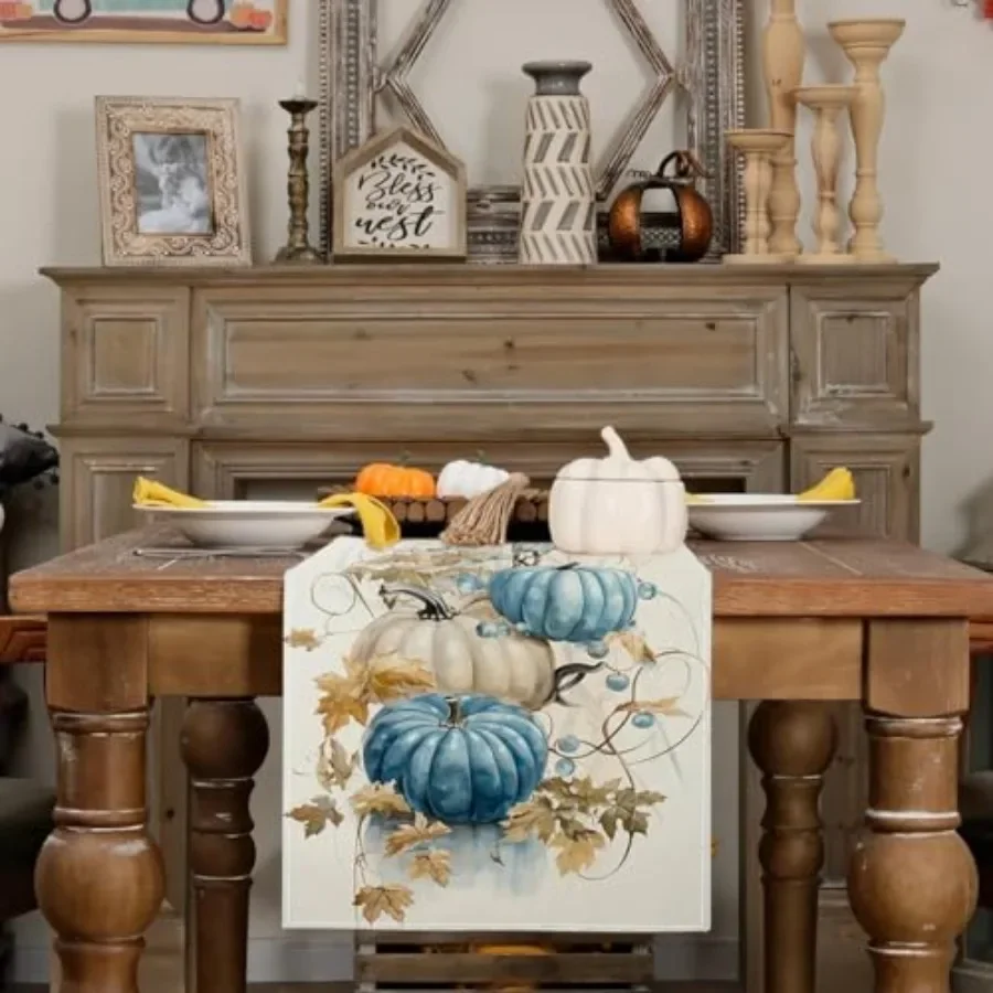 1Pc Autumn Style Table Runner Blue And Beige Pumpkin And Maple Leaf Print Table Cover For Dining Room Kitchen Coffee Table Home