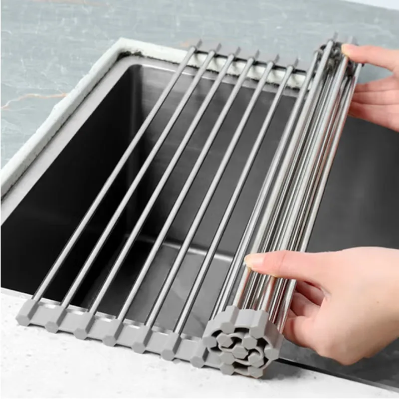Kitchen sink drain rack, sink, bowl and chopsticks water control rack, silicone foldable storage roller shutter