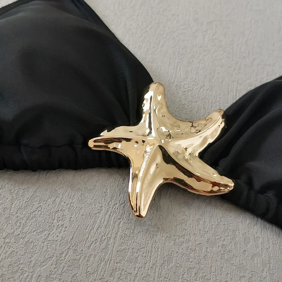 2025 New Women's Pure Color Black Bikini Set Starfish Decoration 2 Piece Swimsuit Sexy Triangle Halter Backless Beach Swimwear