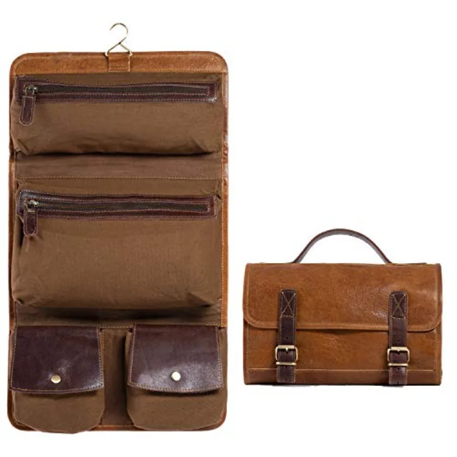 

Premium Buffalo Leather Hanging Toiletry Bag Travel Dopp Kit
