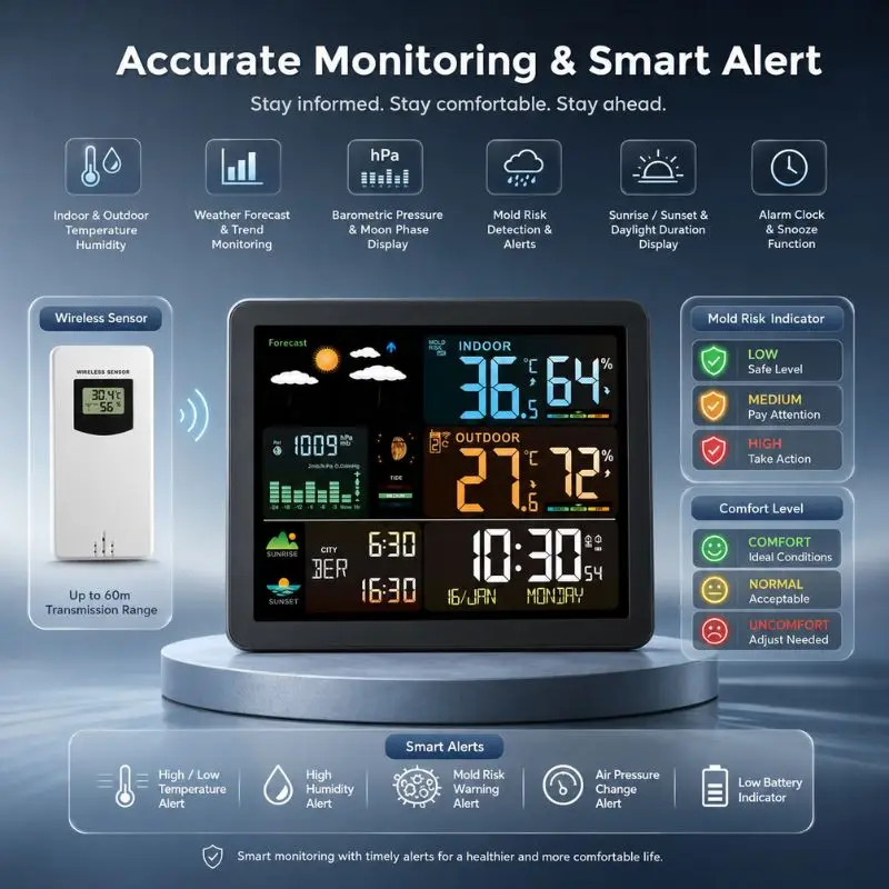 Home Weather Station Indoor Outdoor Temperature And Humidity Meter RF Wireless Weather Forecast with Alarm Time Display