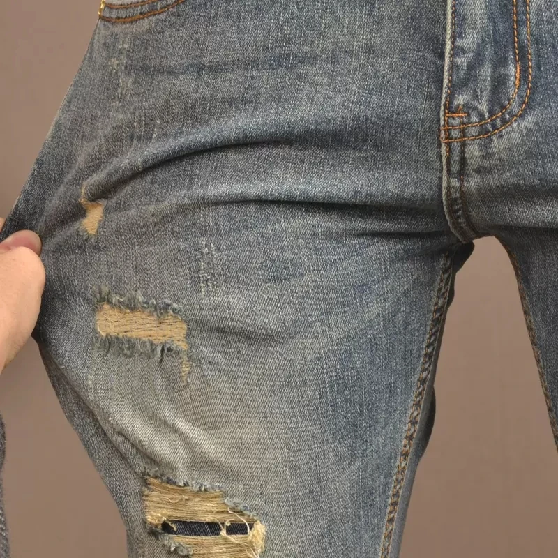 Fashion Designer Men Jeans High Quality Retro Washed Elastic Slim Fit Hole Ripped Jeans Men Patched Vintage Denim Pants Hombre