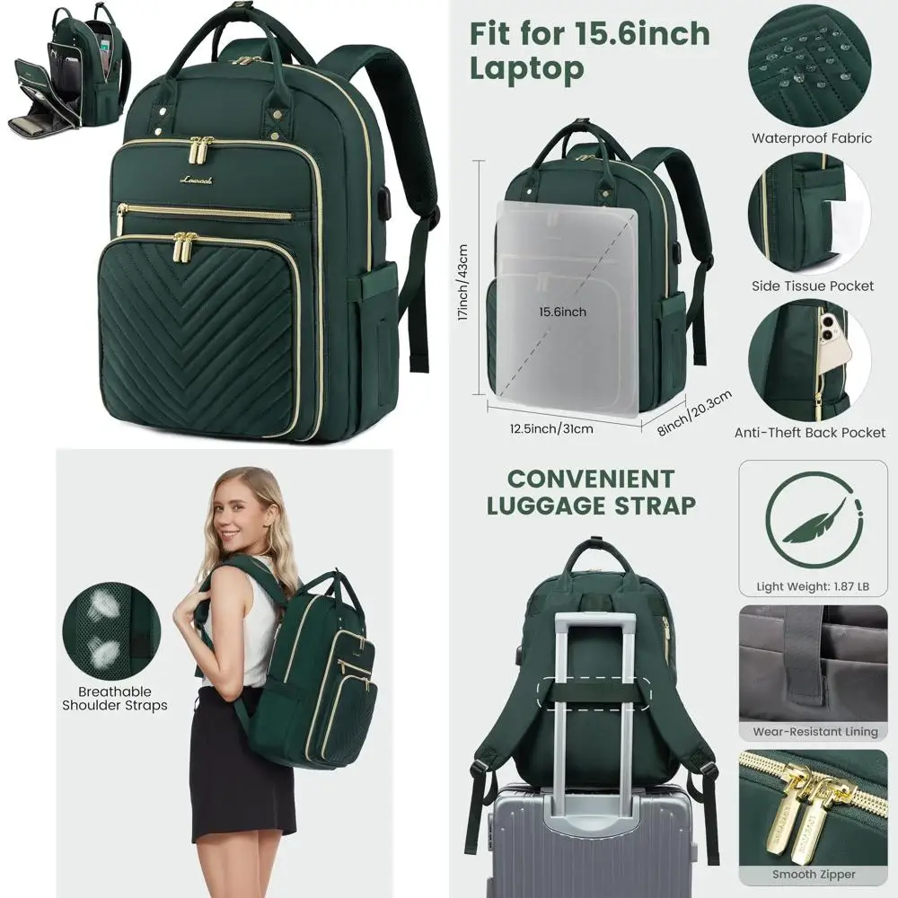 15.6 Sac à dos étanche pour ordinateur portable pour femme pour le travail et les voyages, sac à dos vert foncé pour enseignants et infirmières