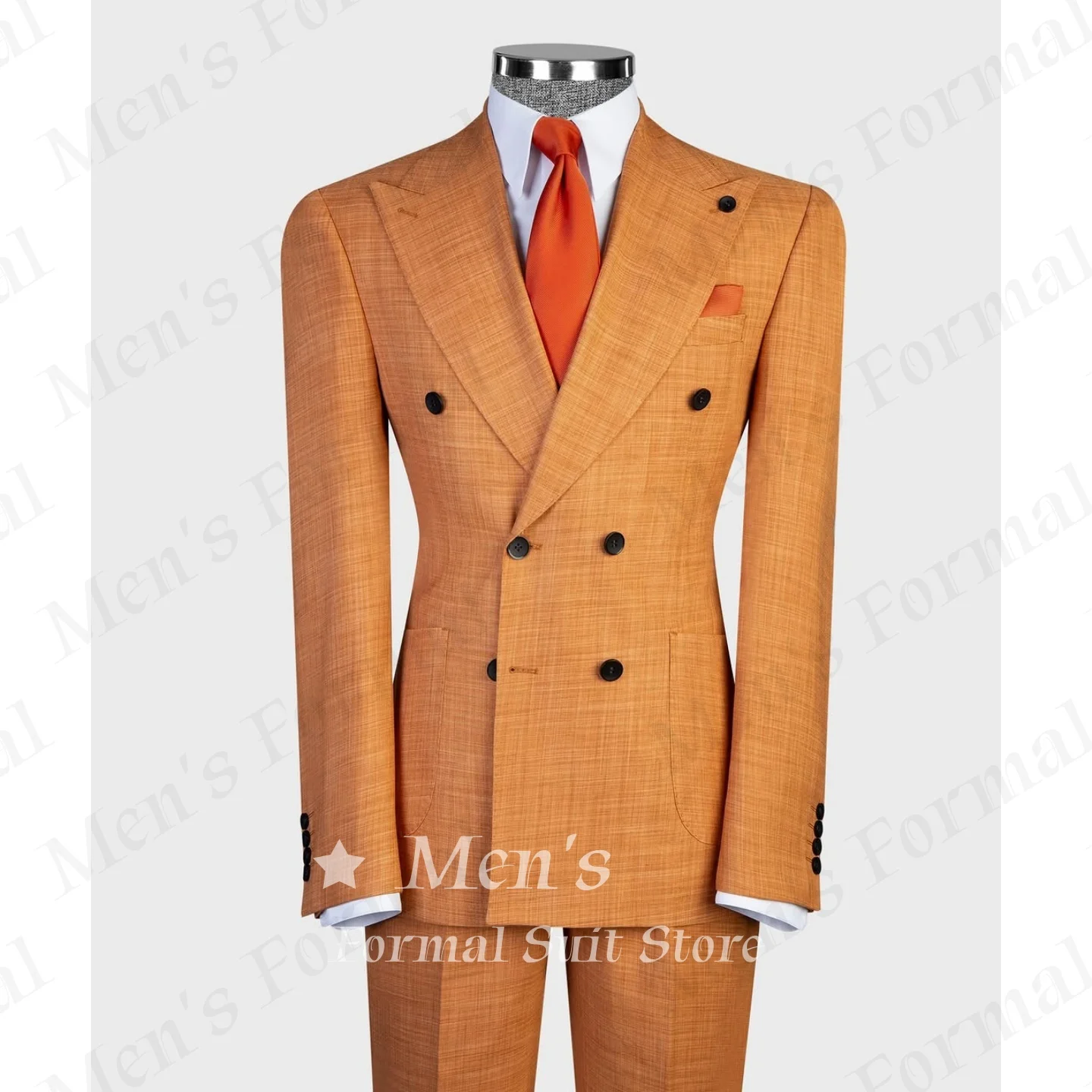 Men Double Breasted Peak Lapel Solid Textured 2 Piece Suit Slim Fit Black Button Breathable Fabric Wedding Guest Customized