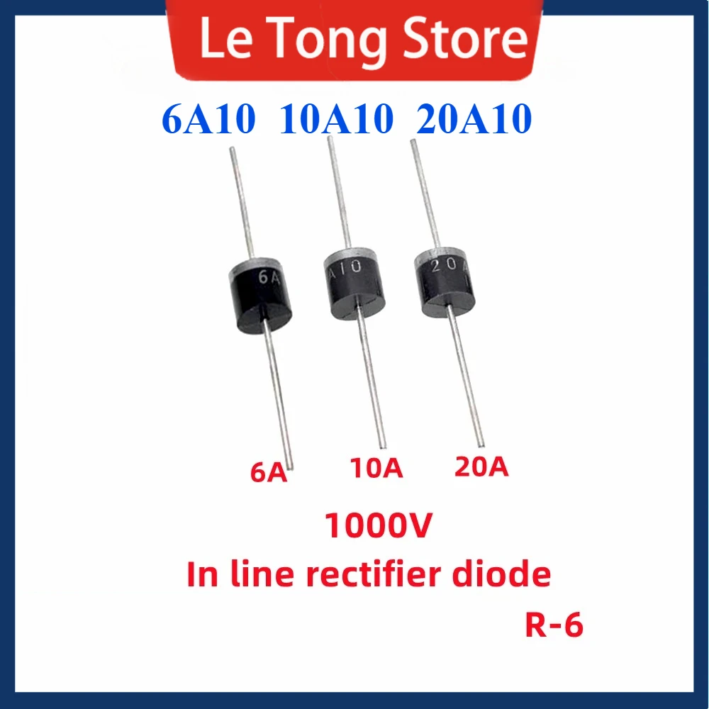 20PCS Rectifier diode 6A10 10A10 20A10 Current 6A/10A /20A Voltage 1000V in line coarse pin R-6 rectifier