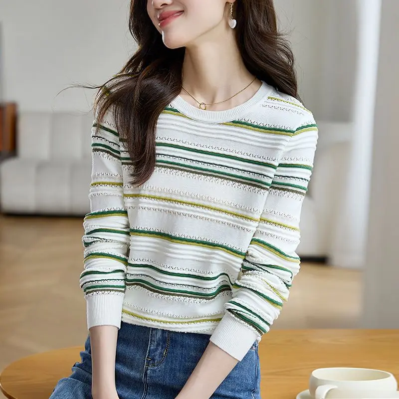 Korean Crew Neck Dopamine Wearing Striped Contrast Knit Tops for Women Autumn New Hollow Out Thread Long Sleeved Loose Sweater