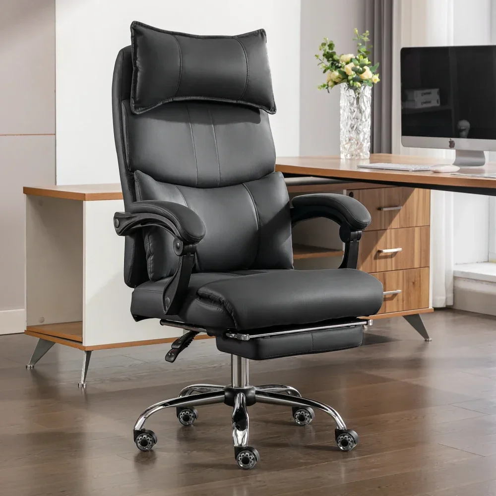 Chaise de bureau ergonomique à dossier haut, avec double soutien lombaire réglable, tissu respirant, inclinable, réglable en hauteur, repose-pieds rétractable de 10 cm, pivotante à 360°, roulettes silencieuses en PU, certifiée SGS, vérin à gaz, chaise d'ordinateur noire, charge maximale 150 kg, facile d'utilisation.
