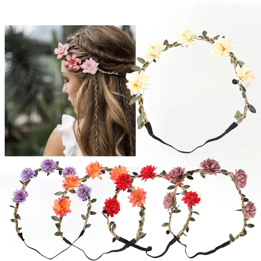 Women Wedding Flower Headband Boho Flowers Headwear Girls Headbands Hair Accessories Bride Wreath Beach Garland Wholesale 2022