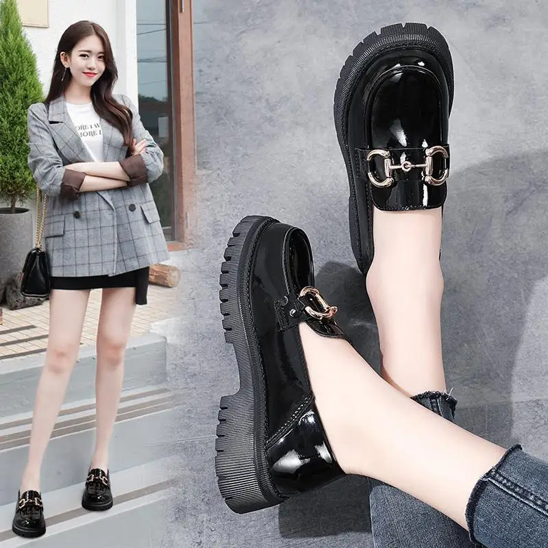 

Plus Size Metal Buckle Classic Big Head Ins Women's Tendon Bottom Internet Celebrity Work Shoes Pumps Loafers Moccasins