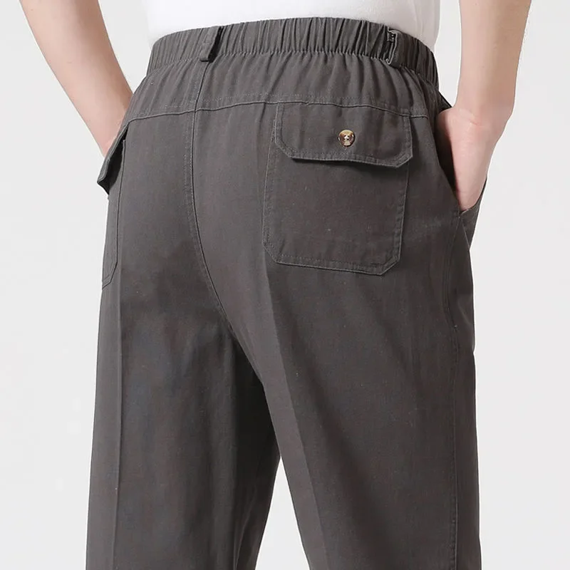 

Men's Cotton Elastic Waist Pants Casual Loose Fit Straight Leg Trousers for Middle-aged and Elderly