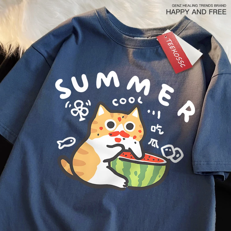 Spaß Essen Wassermelone Katze Druck T Shirt Männlichen Mode Oansatz T Shirts Hip Hop Qualität Hemd Casual Baumwolle T-Shirt Kurzarm