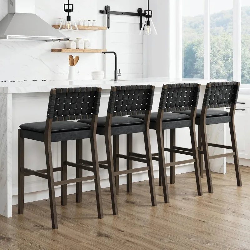 Linus Modern Upholstered Counter Height Bar Stool with Faux Leather Back and Solid Rubberwood Legs in a Wire-Brushed Dark