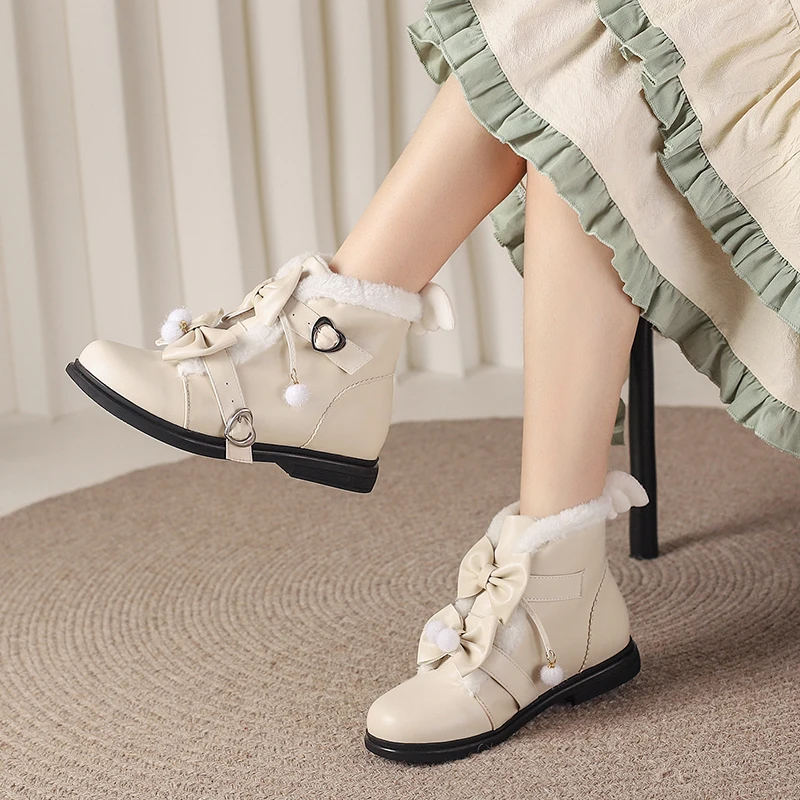 Sweet Lolita Grils Ankle Boots Butterfly-knot Faux Fur Plush Ball Low Heels Winter Bride Wedding Shoes JK Gothic Wing Plus Size