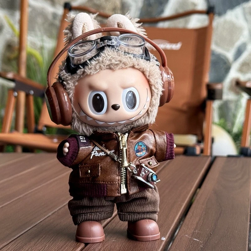 

For Labubu Retro Pilot Outfit Vintage Leather Jacket Aviator Headset Camera For 15/17cm 1st/2nd/3rd Gen Dolls Accessories