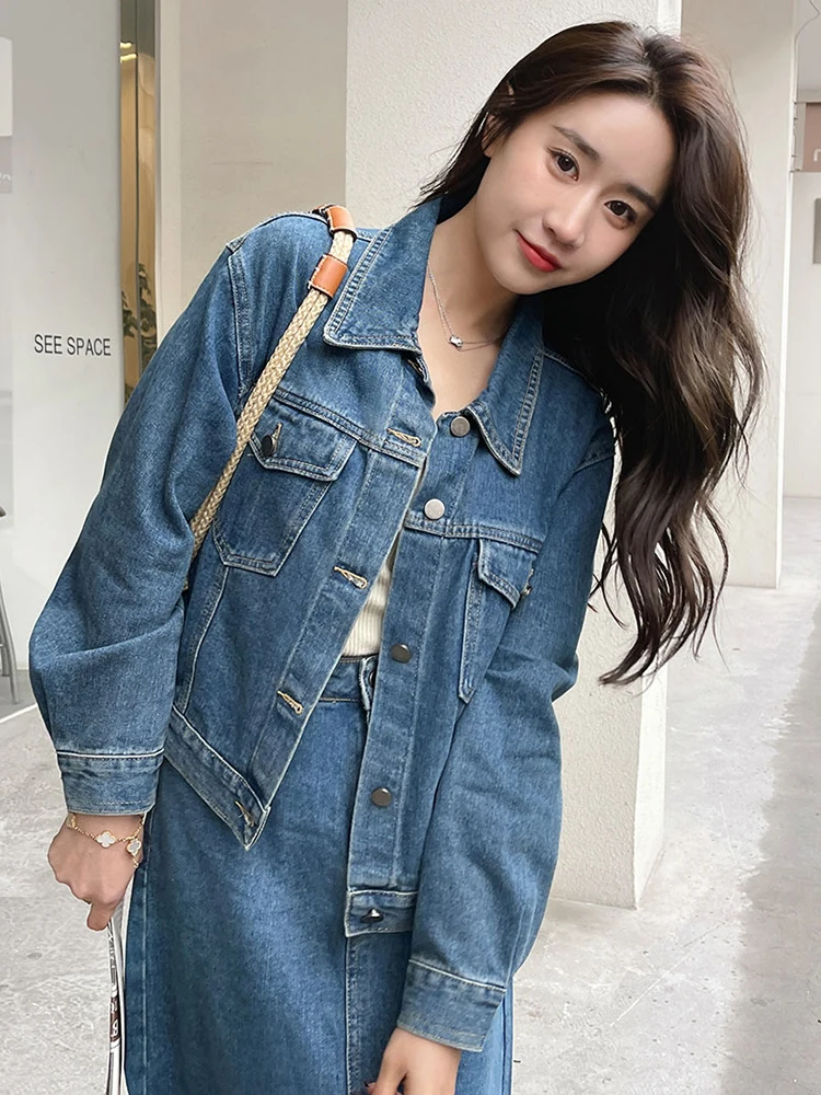 LANMREM Fashion Vintage Denim Two-piece Set Women\'s Lapel Single Breatsed Coat With Casual Skirt 2024 Female Autumn New 2Z2503